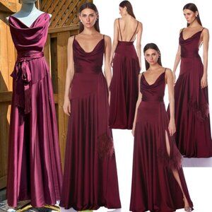 🆕 BRONX & BANCO 🧿 NWOT Leo Burgundy Silk-Blend Maxi Dress Gown, Sz L US 8